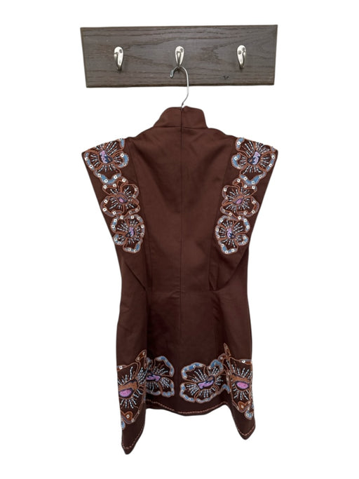 Antipodean Size 8 Brown & Blue Tencel Beaded Tassels Mini V Neck Dress Brown & Blue / 8