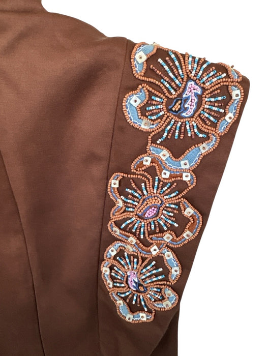Antipodean Size 8 Brown & Blue Tencel Beaded Tassels Mini V Neck Dress Brown & Blue / 8