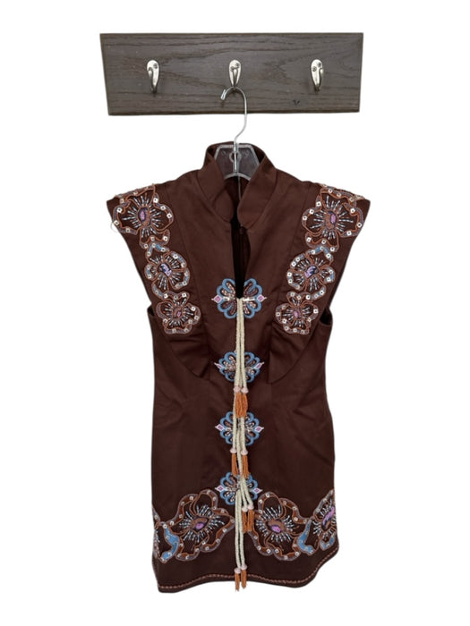 Antipodean Size 8 Brown & Blue Tencel Beaded Tassels Mini V Neck Dress Brown & Blue / 8