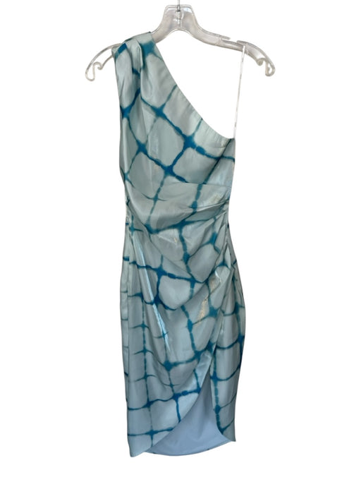 Elliatt Size XS Aqua & Blue Polyester One Shoulder Grid Gathered Sides Gown Aqua & Blue / XS