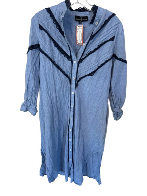 Pomander Place Size XS Blue & Navy Cotton Long Sleeve Pleat Detail Maxi Dress Blue & Navy / XS