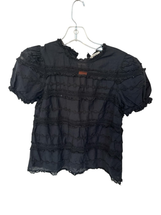 Ulla Johnson Size 0 Black Cotton & Viscose Short Sleeve Lace Detail Top Black / 0
