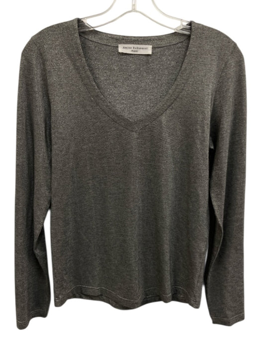 Amina Rubinacci Size 42 Silver Viscose Blend V Neck Long Sleeve Top Silver / 42