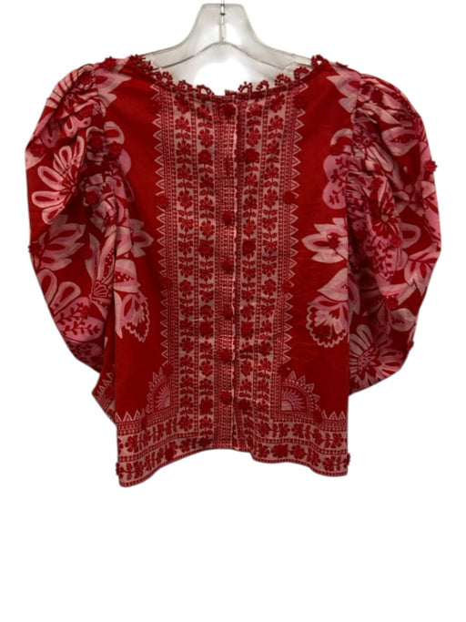Farm Size XS Pink & Red Cotton Long Sleeve Floral Applique Button Back Top Pink & Red / XS