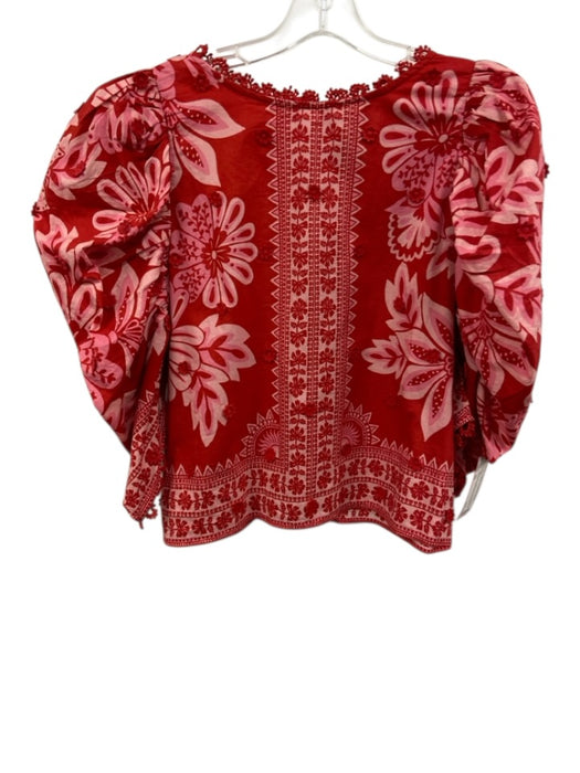 Farm Size XS Pink & Red Cotton Long Sleeve Floral Applique Button Back Top Pink & Red / XS