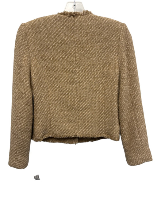 Mango Size XS Tan Beige Polyester Blend Tweed Fringe Trim Jeweled Buttons Jacket Tan Beige / XS
