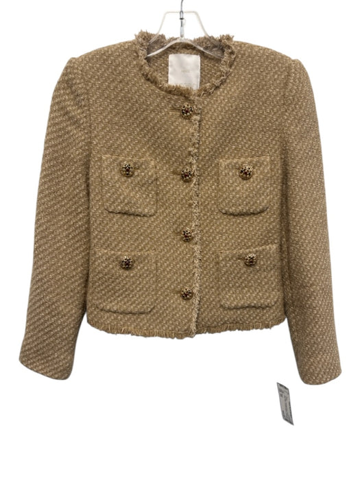Mango Size XS Tan Beige Polyester Blend Tweed Fringe Trim Jeweled Buttons Jacket Tan Beige / XS