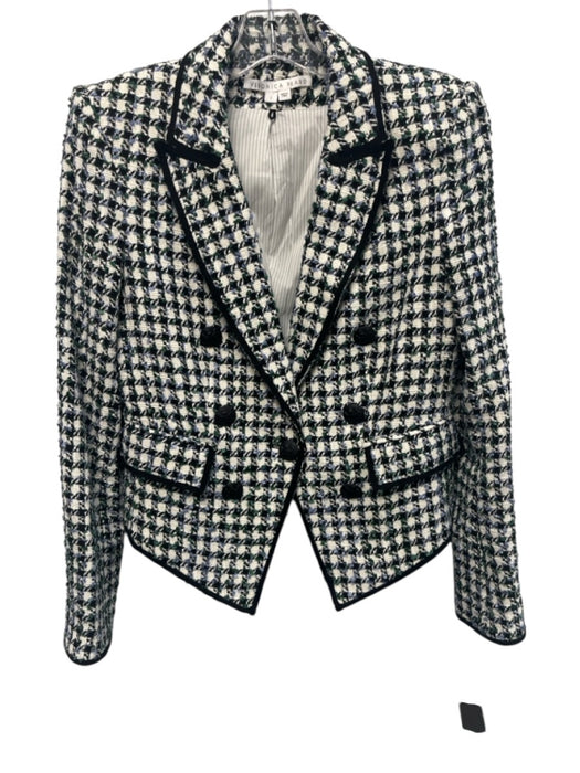 Veronica Beard Size 2 black, white, blue, green Cotton Blend Tweed Blazer Jacket black, white, blue, green / 2