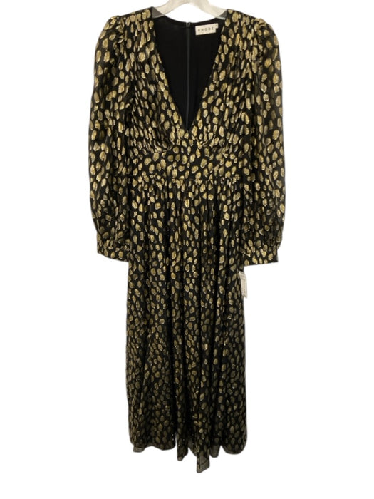 Rhode Size 2 Black & Gold Silk Blend Foil Animal Print V Neck Midi Dress Black & Gold / 2