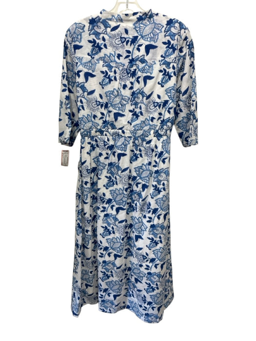 Beau & Ro Size S Blue & White Cotton Button Front 3/4 Sleeve Floral Print Dress Blue & White / S