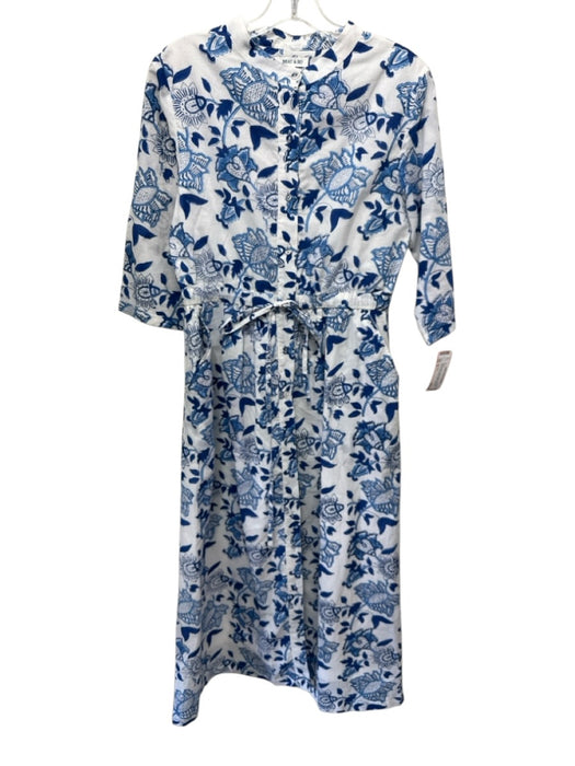 Beau & Ro Size S Blue & White Cotton Button Front 3/4 Sleeve Floral Print Dress Blue & White / S