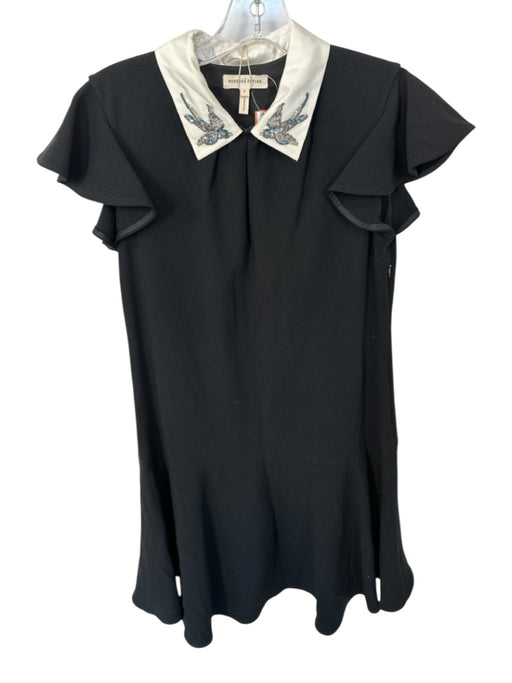 Rebecca Taylor Size 2 Black & White Triacetate Cap Sleeve Birds Collar Dress Black & White / 2