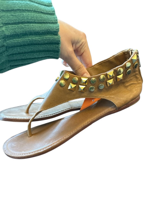 Tory Burch Shoe Size 8M Tan & Gold Leather Studded Thong Back Zip Sandals Tan & Gold / 8M