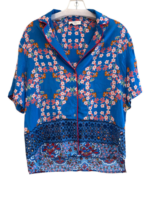 Sandro Size Est M Blue, Orange & Multi Viscose Blend Floral Short Sleeve Top Blue, Orange & Multi / Est M
