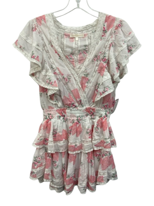 Love Shack Fancy Size S White, Pink, Green Cotton Floral Ruffle Cap Sleeve Dress White, Pink, Green / S
