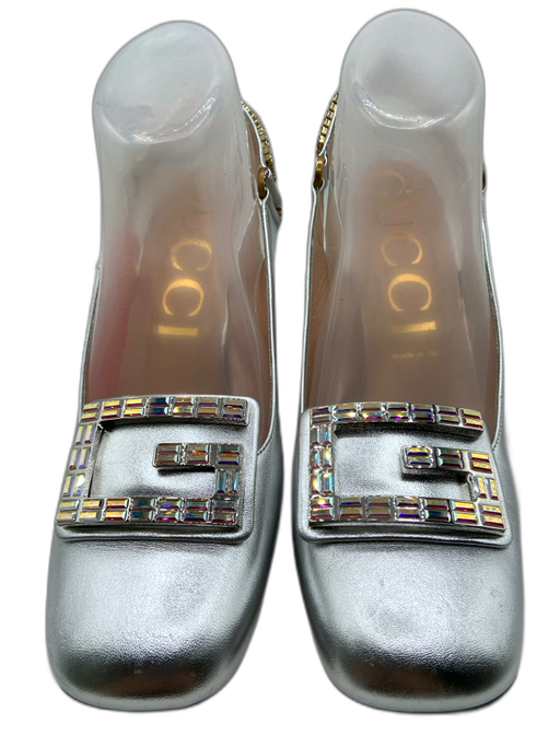 Gucci Shoe Size 40 Silver Leather Embellished Slingback Rhinestone Pumps Silver / 40