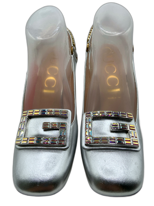 Gucci Shoe Size 40 Silver Leather Embellished Slingback Rhinestone Pumps Silver / 40