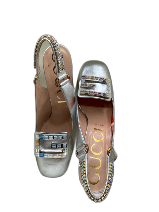 Gucci Shoe Size 40 Silver Leather Embellished Slingback Rhinestone Pumps Silver / 40