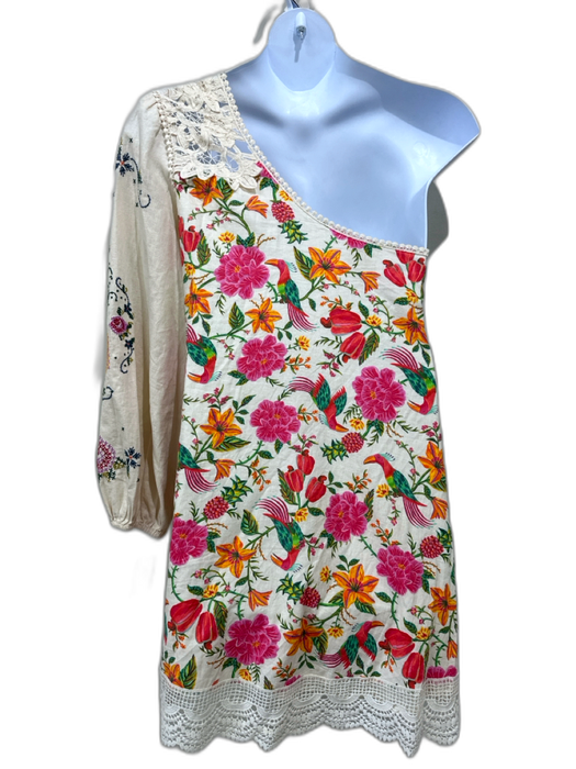 Farm Rio Size XL Beige, Pink, Green Linen Blend Crochet Lace Accent Mini Dress Beige, Pink, Green / XL