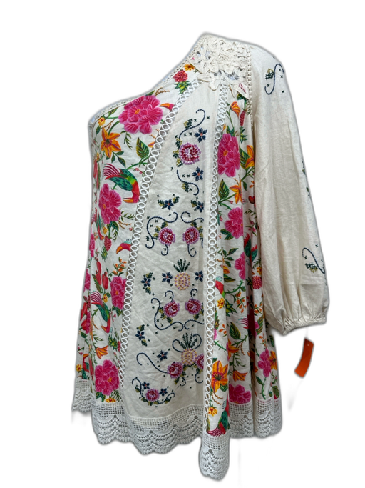 Farm Rio Size XL Beige, Pink, Green Linen Blend Crochet Lace Accent Mini Dress Beige, Pink, Green / XL