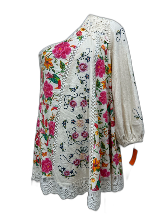 Farm Rio Size XL Beige, Pink, Green Linen Blend Crochet Lace Accent Mini Dress Beige, Pink, Green / XL