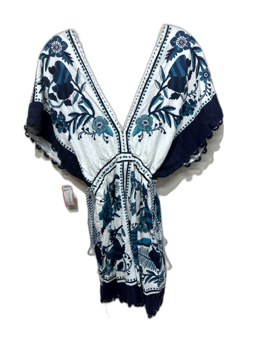 Farm Rio Size L Blue & White Linen Blend Crochet Lace Accent V Neck Mini Dress Blue & White / L