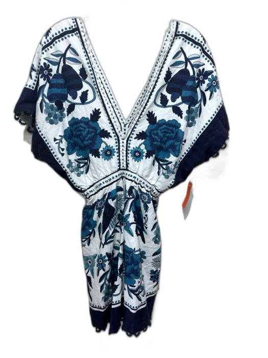 Farm Rio Size L Blue & White Linen Blend Crochet Lace Accent V Neck Mini Dress Blue & White / L