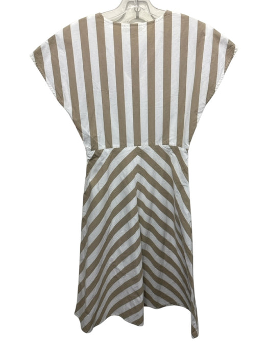Ann Mashburn Size Small Khaki & White Cotton V Neck Stripe Midi Dress Khaki & White / Small