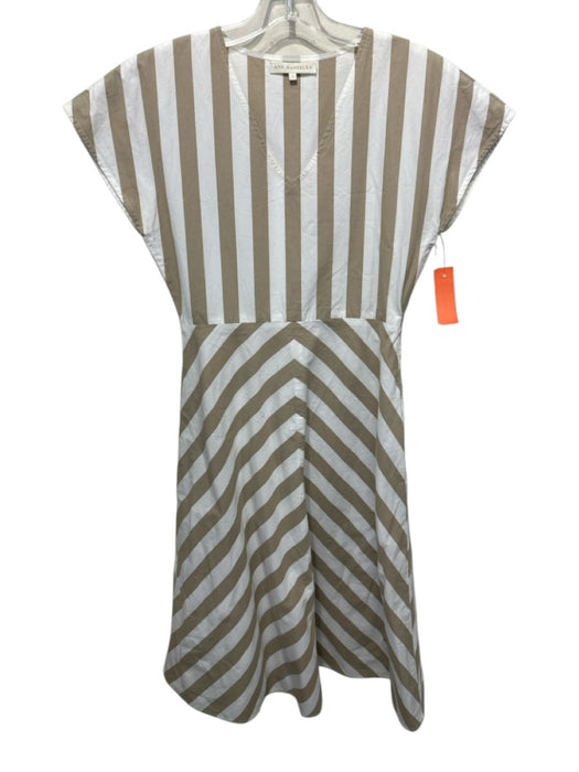 Ann Mashburn Size Small Khaki & White Cotton V Neck Stripe Midi Dress Khaki & White / Small