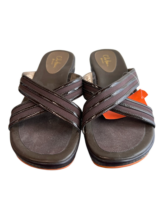 Cole Haan Shoe Size Est 9.5 Brown Canvas & Patent Leather Wedge Open Toe Shoes Brown / Est 9.5