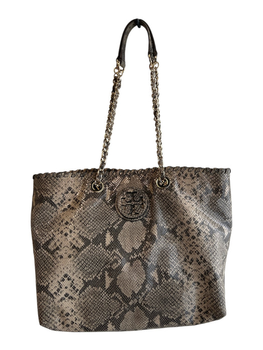 Tory Burch Grayish Brown Gold Hardware Logo Double Chain Tote Bag Grayish Brown / Large