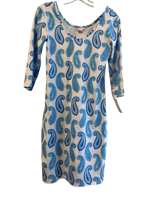 Persifor Size Small White & Blue Polyamide Wide Neck Paisley 3/4 Sleeve Dress White & Blue / Small