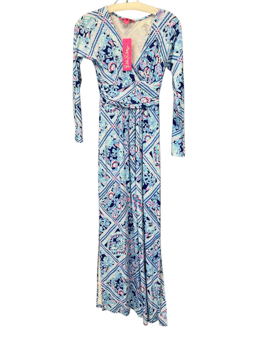 Lilly Pulitzer Size XXS Blue & Multi Rayon Long Sleeve All Over Print Dress Blue & Multi / XXS