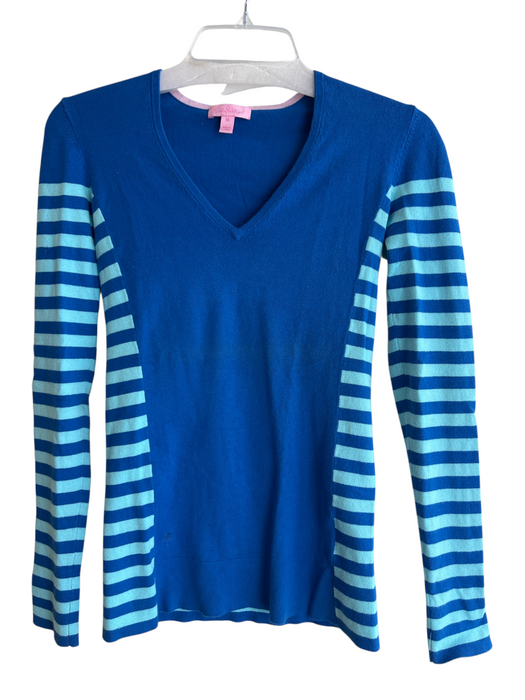 Lily Pulitzer Size XS Blue Cotton Blend Stripped Detail V Neck Long Sleeve Top Blue / XS