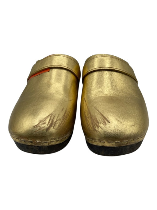 Celine Shoe Size 40 Gold & Brown Leather & Wood Logo Slip On Mule Clogs Gold & Brown / 40