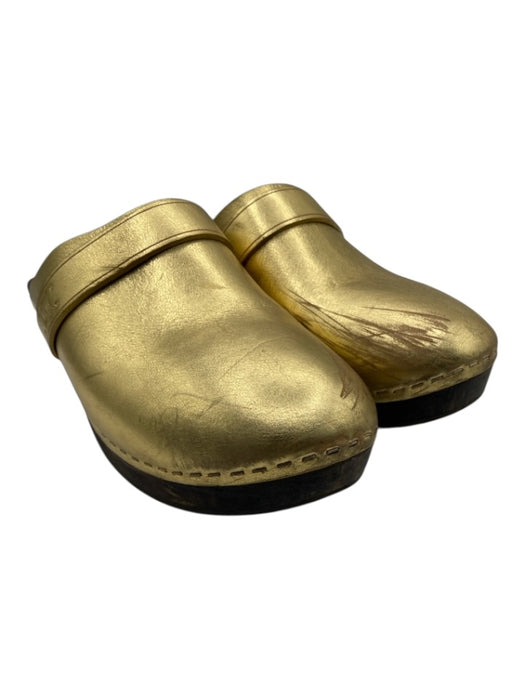 Celine Shoe Size 40 Gold & Brown Leather & Wood Logo Slip On Mule Clogs Gold & Brown / 40