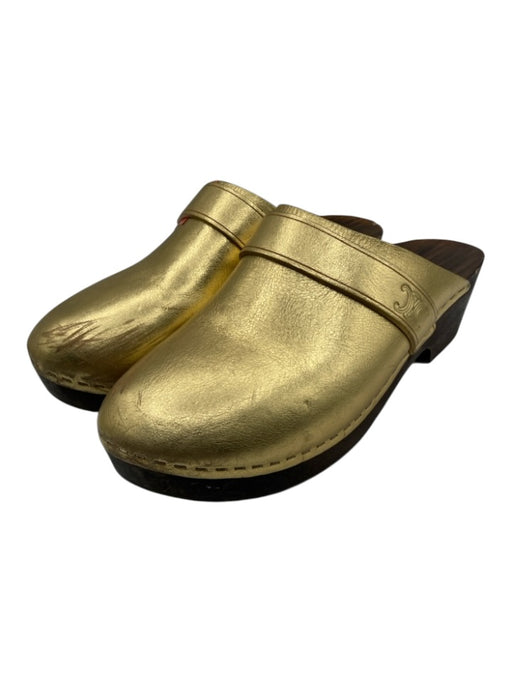 Celine Shoe Size 40 Gold & Brown Leather & Wood Logo Slip On Mule Clogs Gold & Brown / 40
