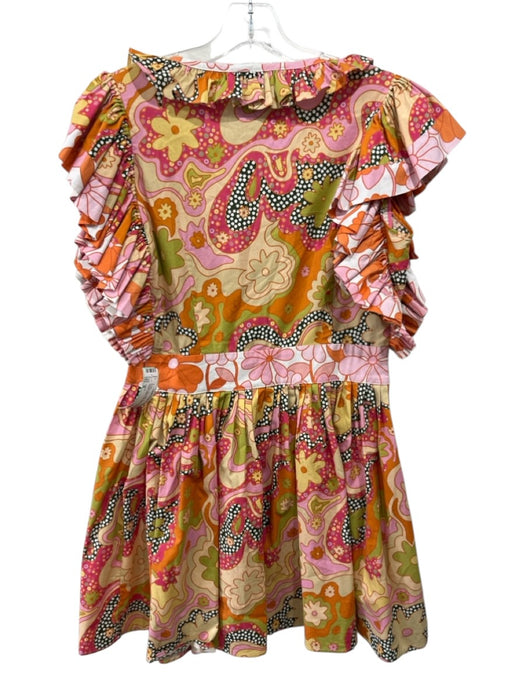 Celia B Size M Orange, Pink, Multi Cotton Abstract Floral Ruffled V Neck Dress Orange, Pink, Multi / M