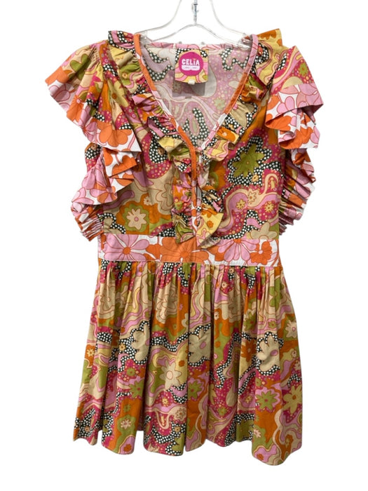 Celia B Size M Orange, Pink, Multi Cotton Abstract Floral Ruffled V Neck Dress Orange, Pink, Multi / M