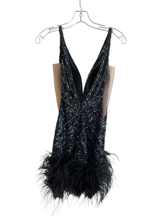 Jovani Size 2 Black & Multi Nylon Beaded V Neck Mesh Detail Back Zip Dress Black & Multi / 2