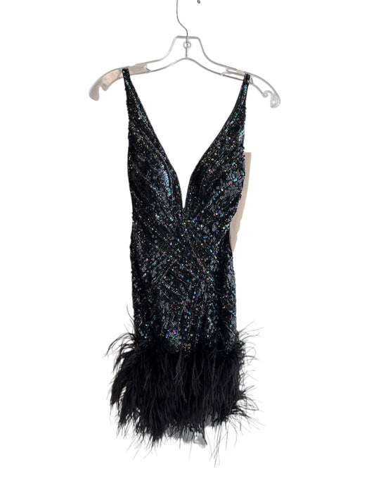 Jovani Size 2 Black & Multi Nylon Beaded V Neck Mesh Detail Back Zip Dress Black & Multi / 2