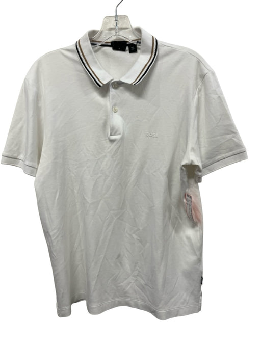 Boss Size M White Cotton Solid Polo Men's Short Sleeve White / M