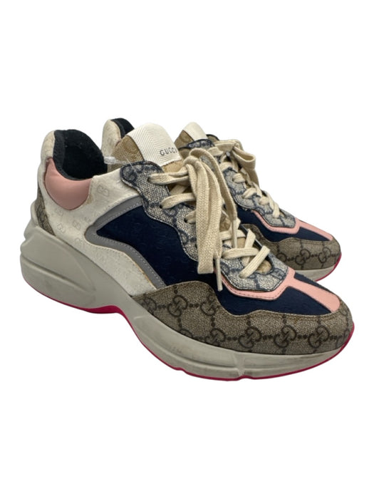 Gucci Shoe Size 38.5 White, Navy, Multi Leather Lace Up Guccissima Sneakers White, Navy, Multi / 38.5