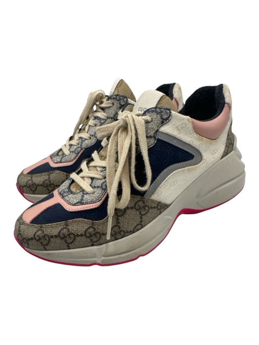 Gucci Shoe Size 38.5 White, Navy, Multi Leather Lace Up Guccissima Sneakers White, Navy, Multi / 38.5