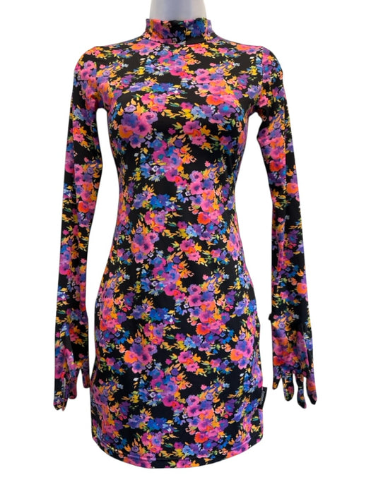 Vetements Size XS Pink Orange Polyester & Elastane Mini Floral Long Sleeve Dress Pink Orange / XS