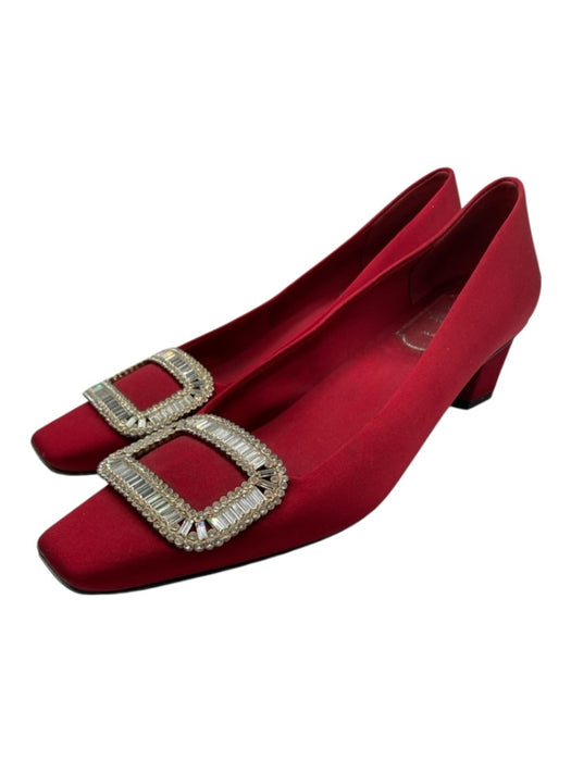 Roger Vivier Shoe Size 40 Red Leather Satin Square Toe Block Heel Pumps Red / 40