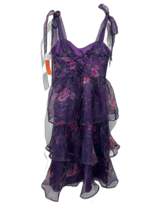 Lulus Size M Purple & Multi Polyester Sheer Overlay Floral Tie Shoulders Gown Purple & Multi / M