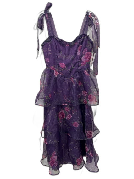 Lulus Size M Purple & Multi Polyester Sheer Overlay Floral Tie Shoulders Gown Purple & Multi / M