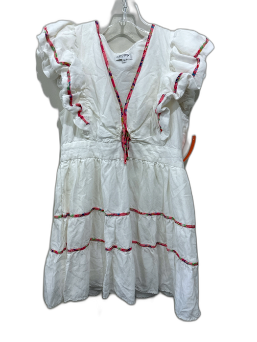 Crosby Size M White & Multi Tencel Blend Contrast Piping Ruffle Cap Sleeve Dress White & Multi / M