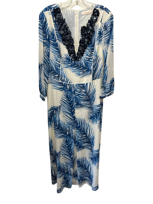 Tory Burch Size 10 Blue & White Silk Blend Leaf Print Sequined V Neck Dress Blue & White / 10